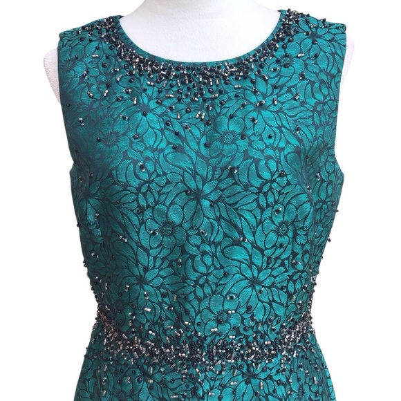 Katherine Kelly Green Black Floral Beaded Nanette Sheath Dress Size 8 - Picture 8 of 11